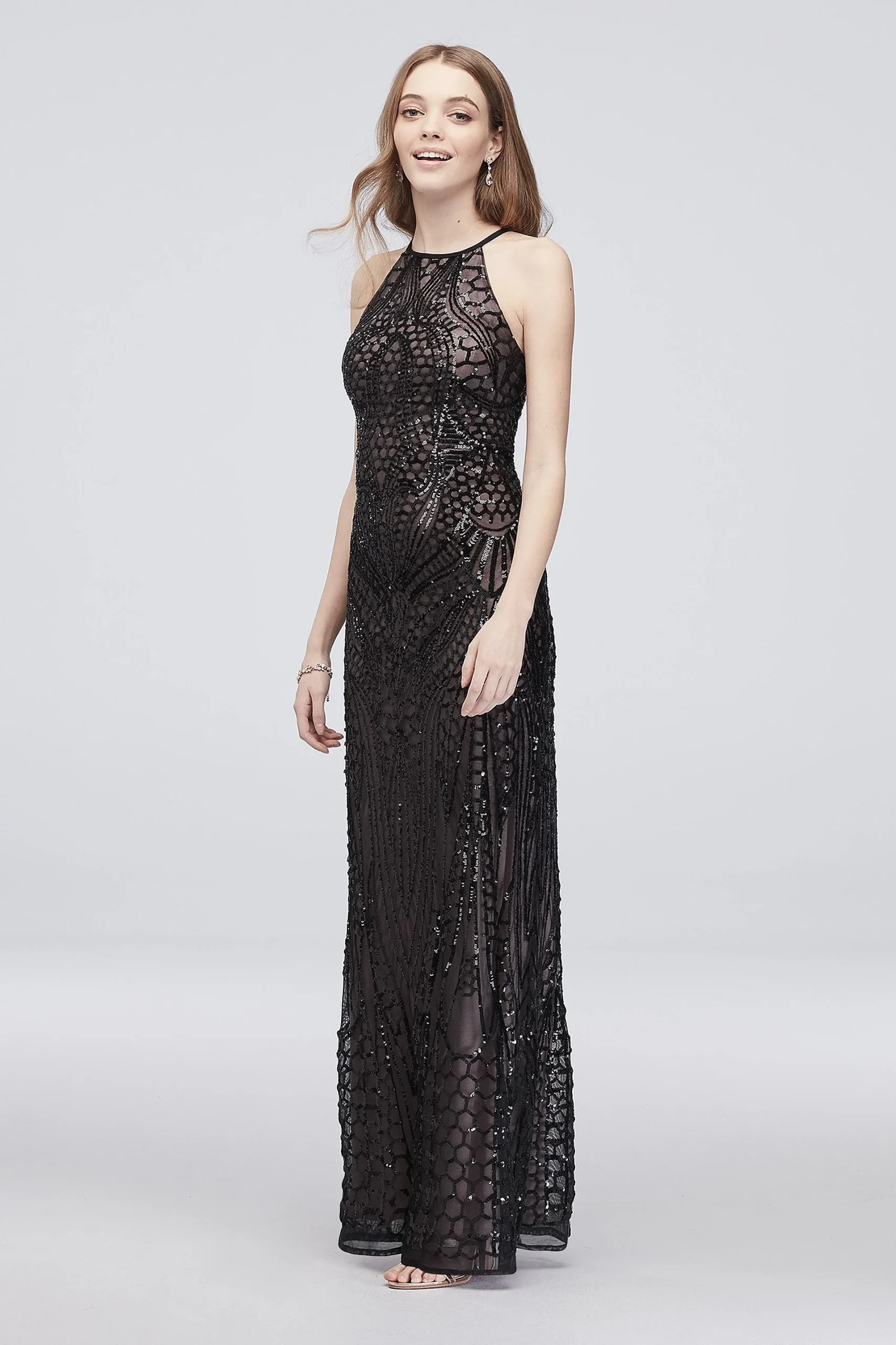 Crisscross-Back Allover Sequin Sheath Gown