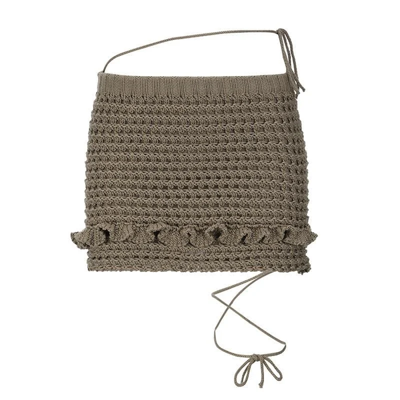 Crochet hollow out solid lace up ruffle mini skirt