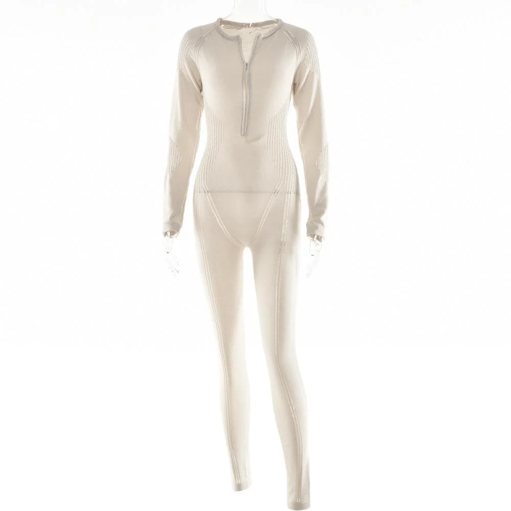 Crochet long sleeve hollow out zip-up solid jumpsuit