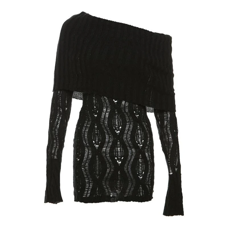 Crochet off shoulder long sleeve hollow out mini dress