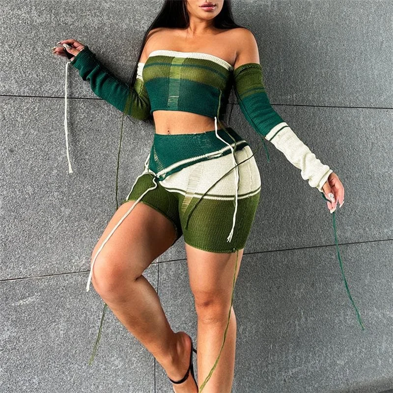 Crochet off shoulder striped long sleeve contrast pant set