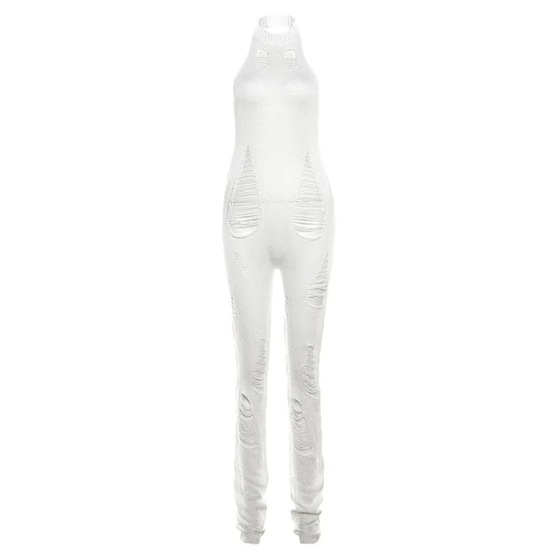 Crochet solid hollow out backless halter sleeveless jumpsuit