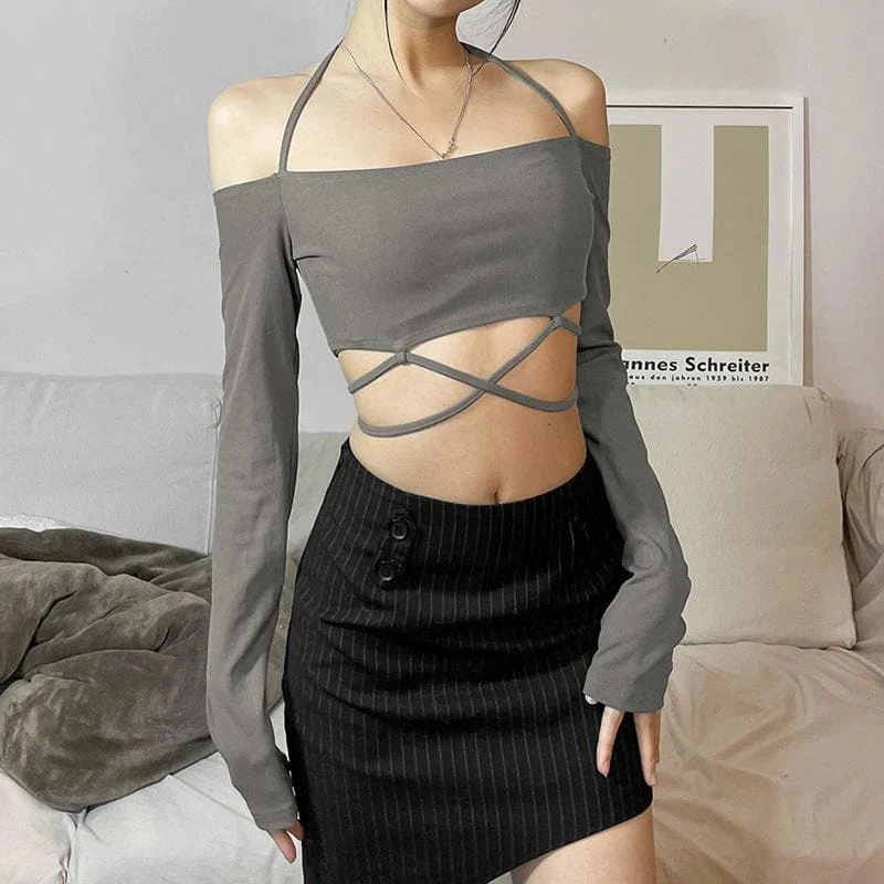 Cross front solid halter off shoulder self tie long sleeve crop top