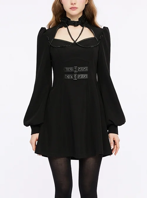 Cross Lobster Buckles Aluminum Chain Lantern Sleeves Adjustable Waist High Neck Black Gothic Dress