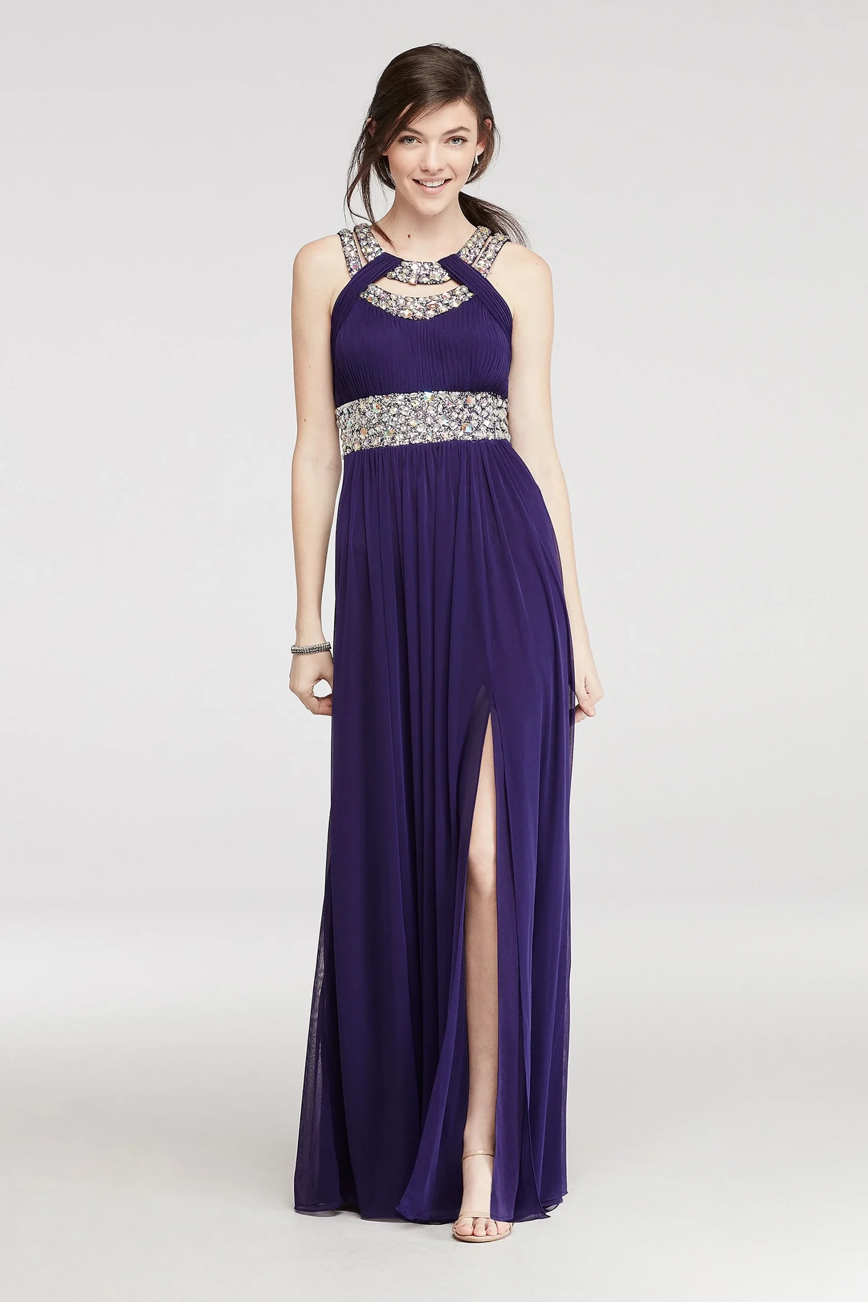 Crystal Beaded Cut Out Halter Prom Dress