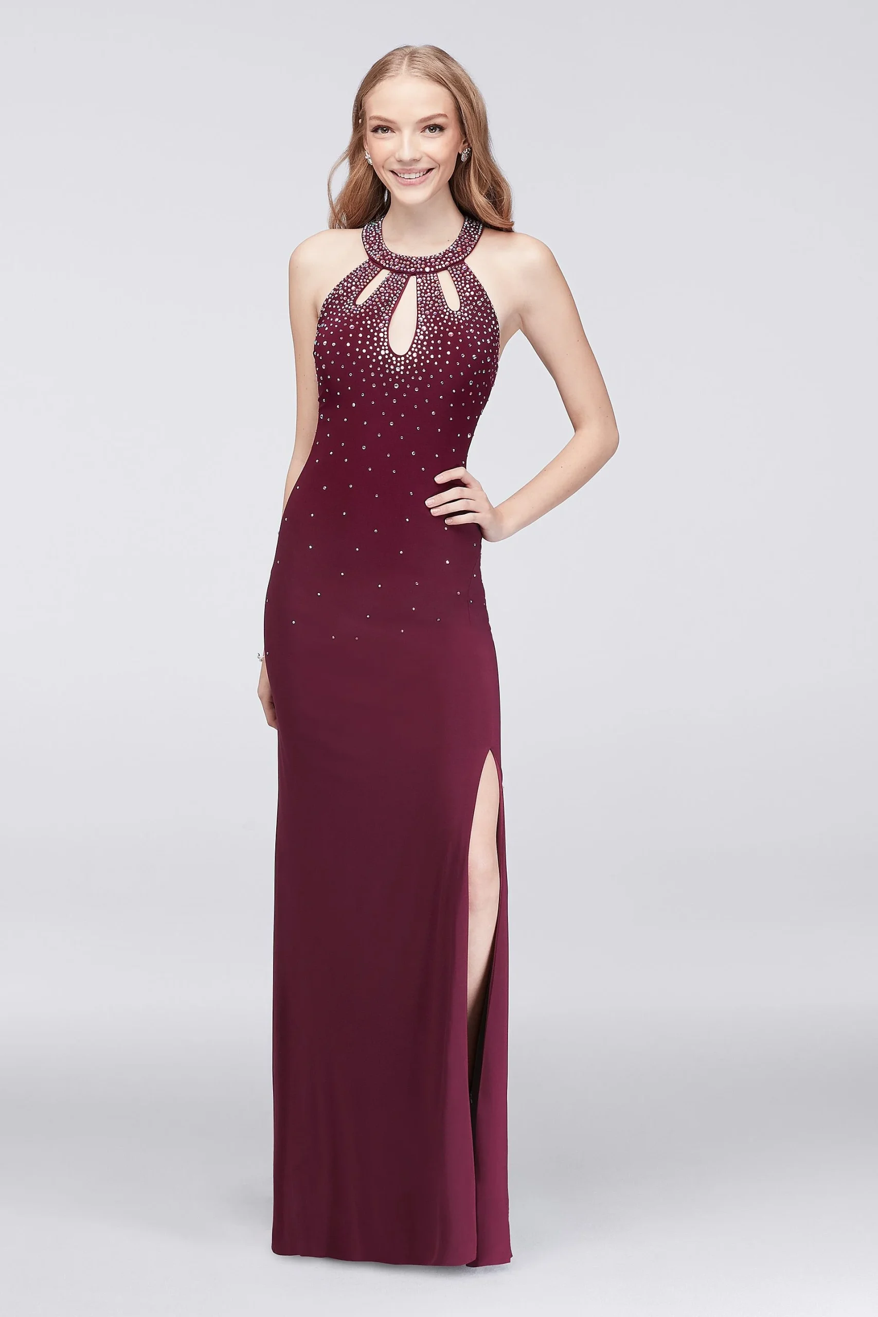 Crystal Beaded Halter Jersey Gown with Keyhole