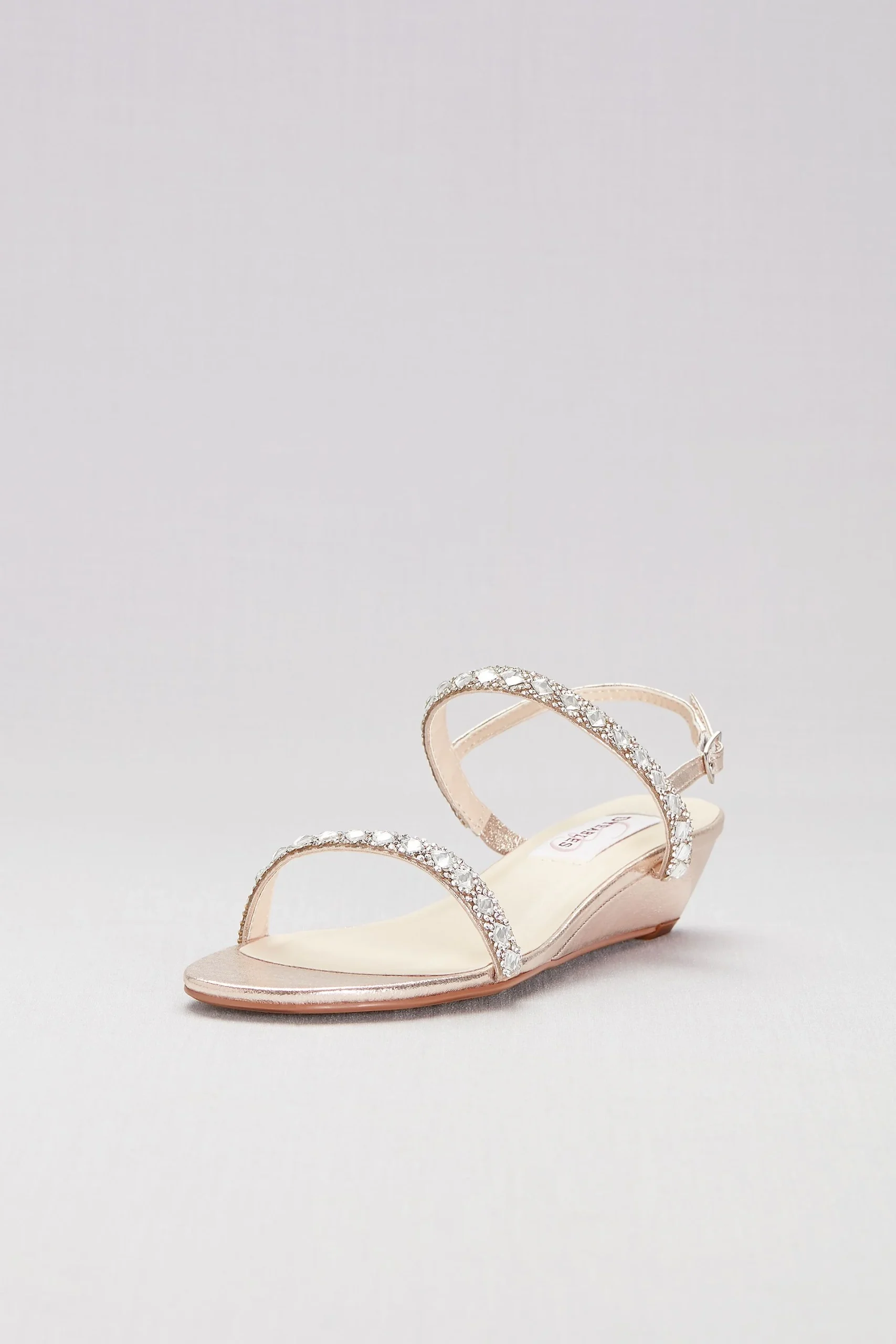 Crystal-Embellished Metallic Low Wedge Sandals