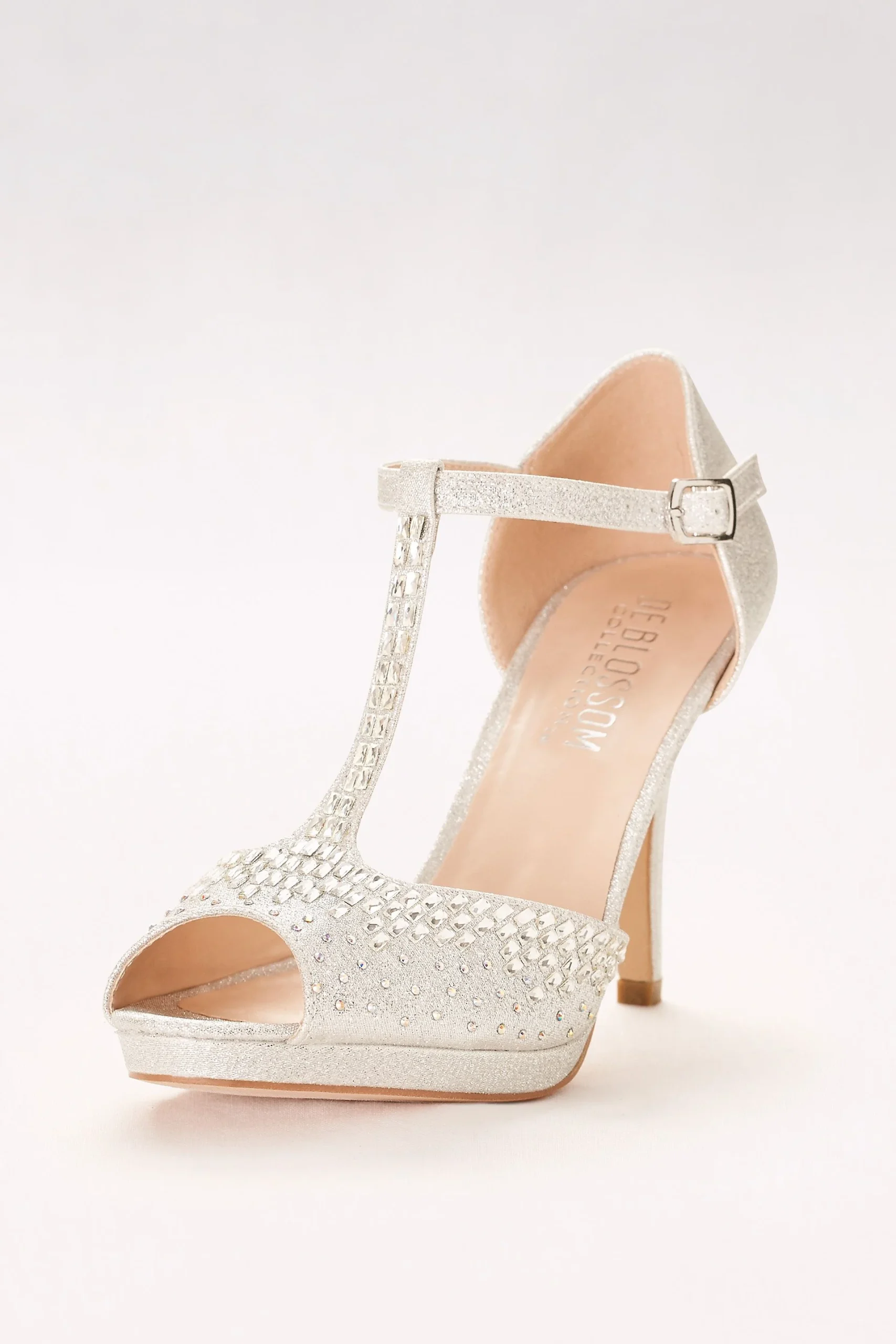 Crystal-Embellished Peep-Toe T-Strap Heels