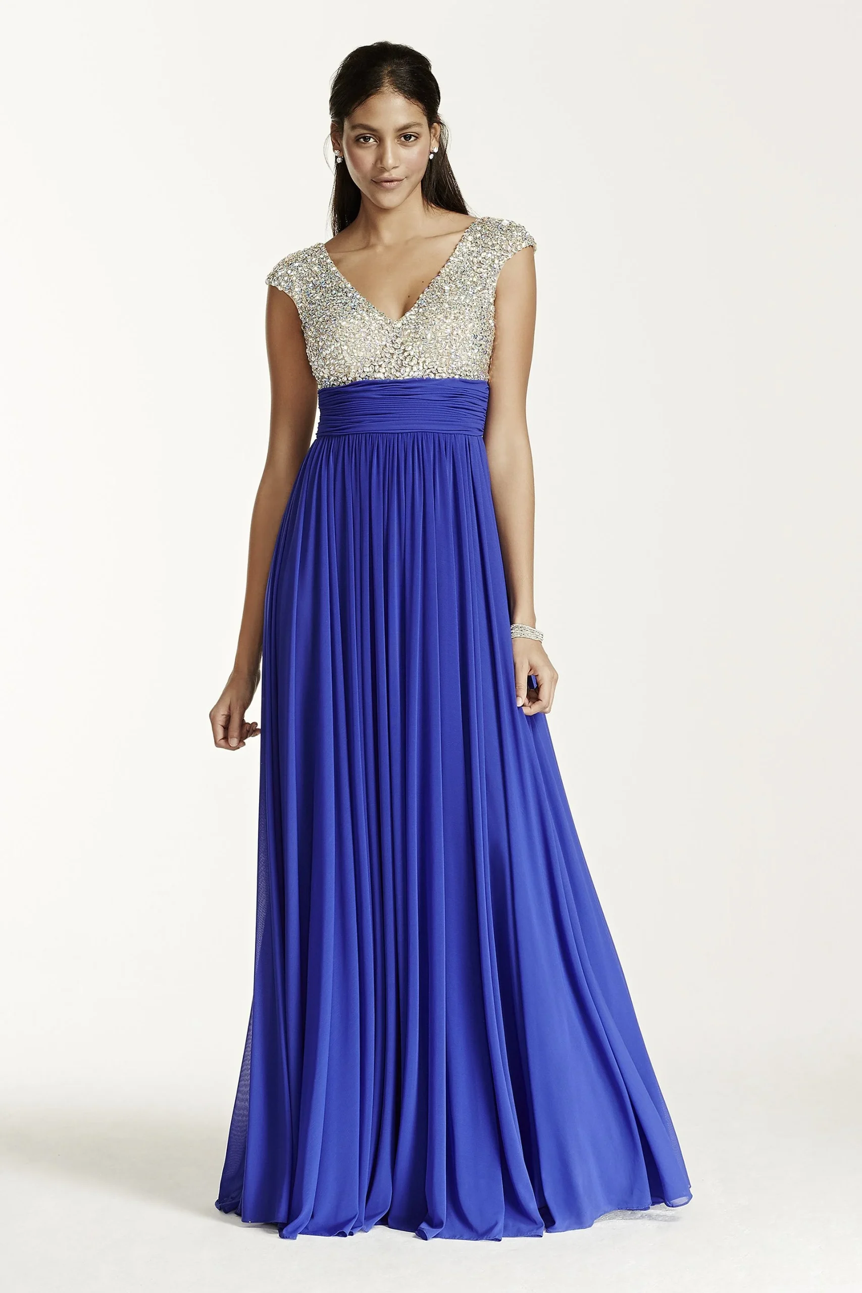 Crystal Encrusted Cap Sleeve Bodice Prom Dress