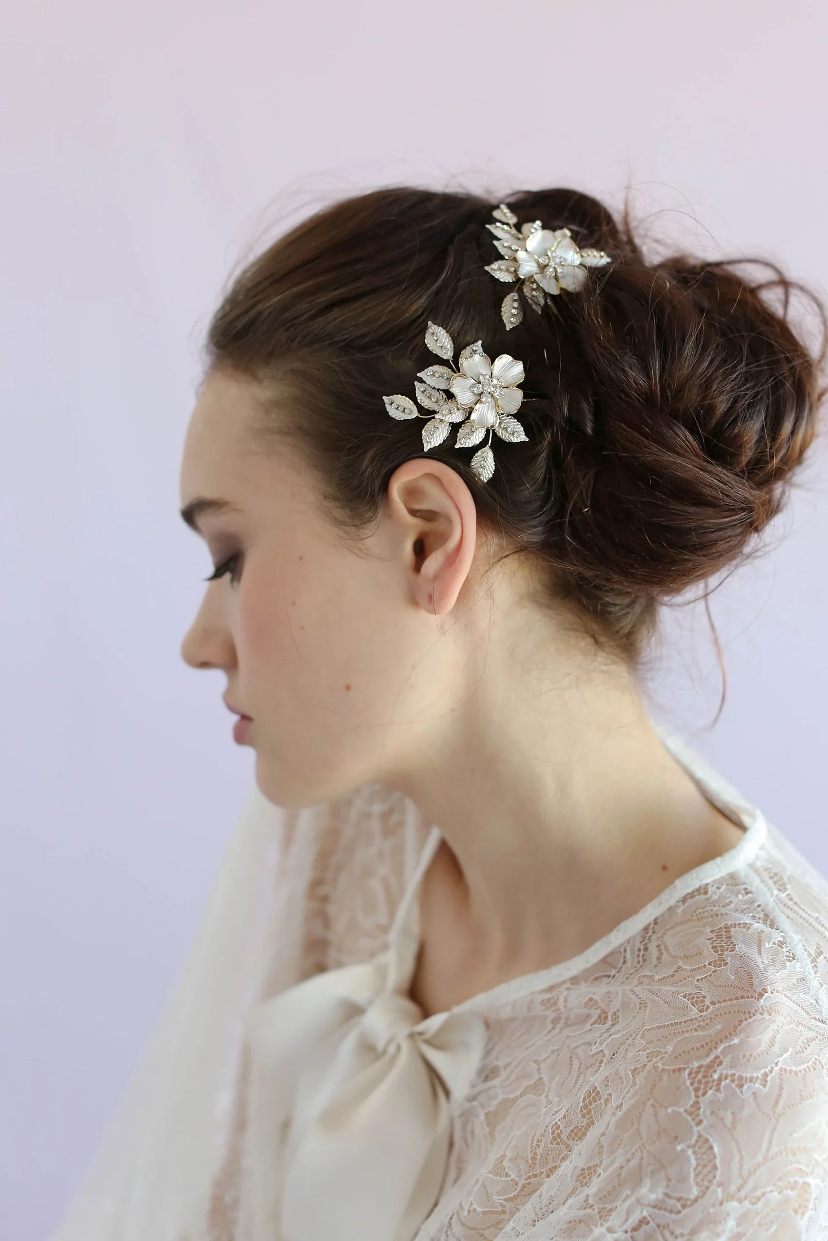 Crystal Speckled Blossom and Leaf Hair Pin Set