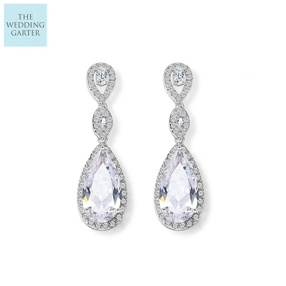 Cubic Zirconia Diamond Long Waterdrop Bridal Earrings