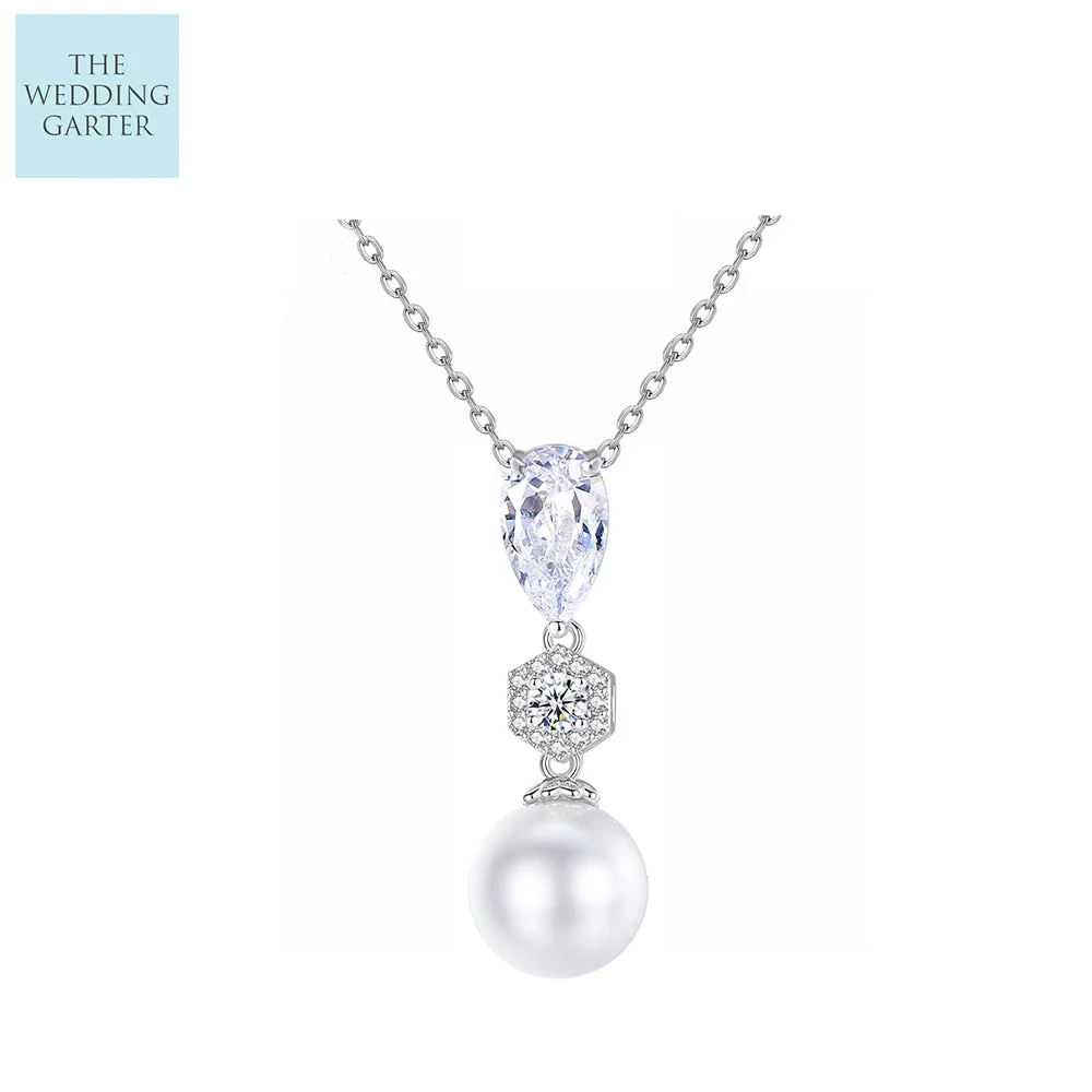 Cubic Zirconia & Pearl Drop Pendant Necklace