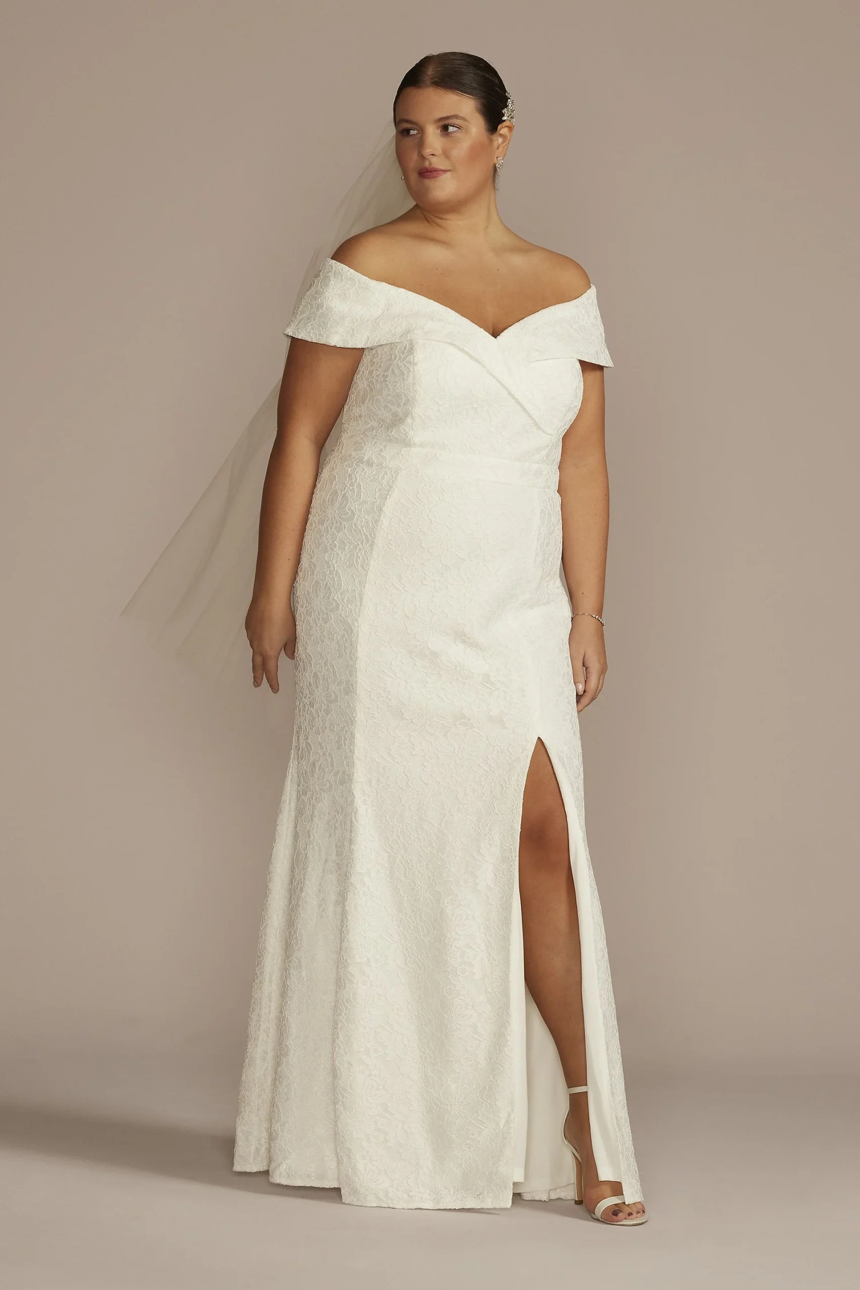 Cuffed Off-the-Shoulder Lace Sheath Gown