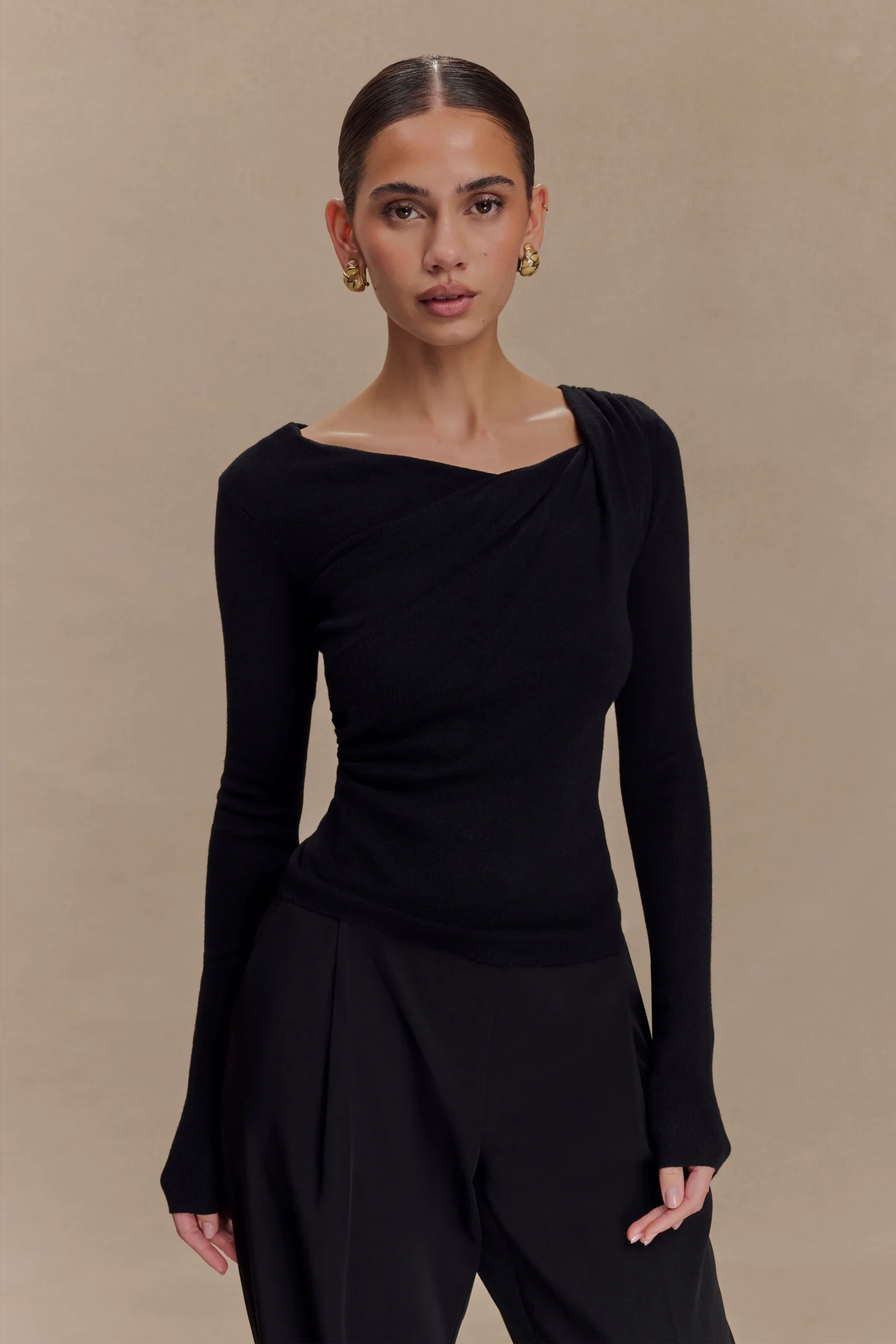 CulverDraped Twist Knit Top - Black
