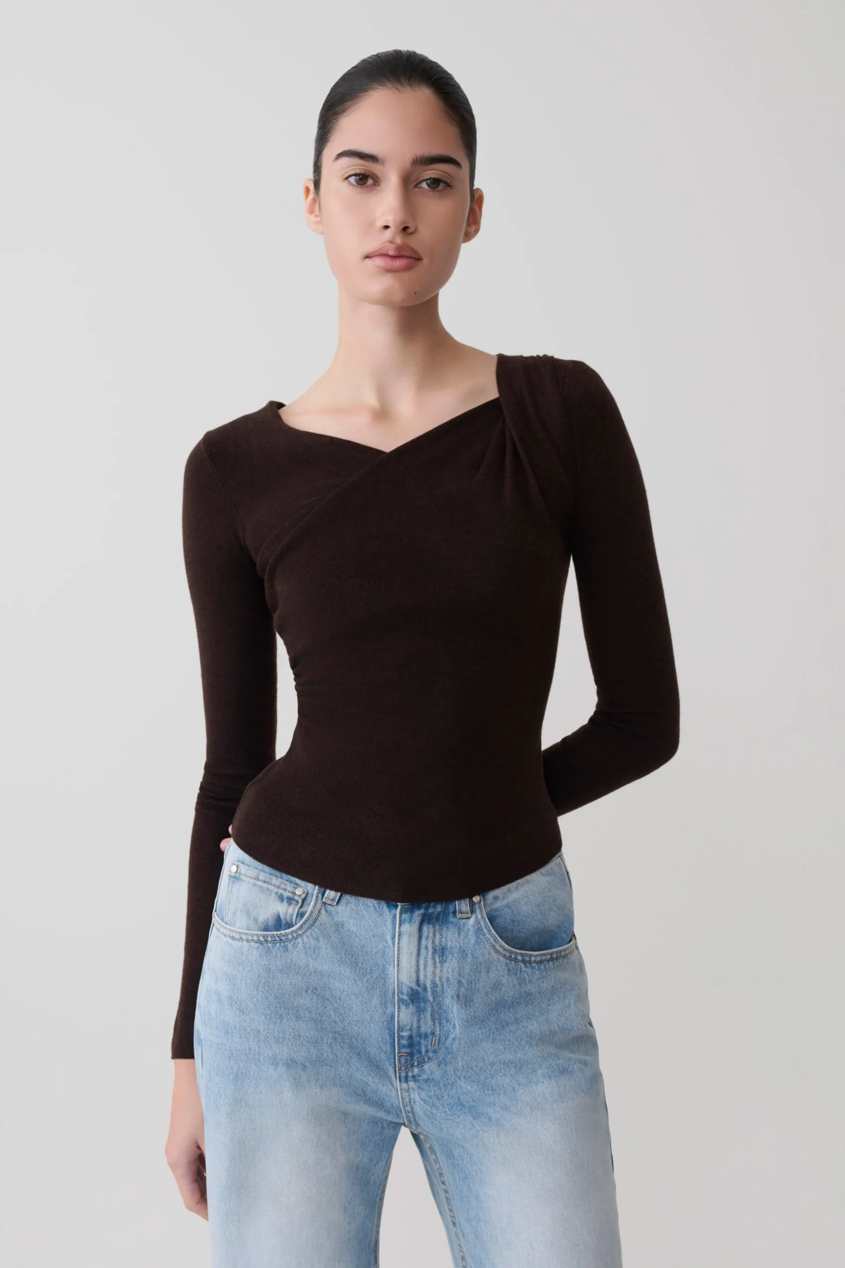 CulverDraped Twist Knit Top - Chocolate