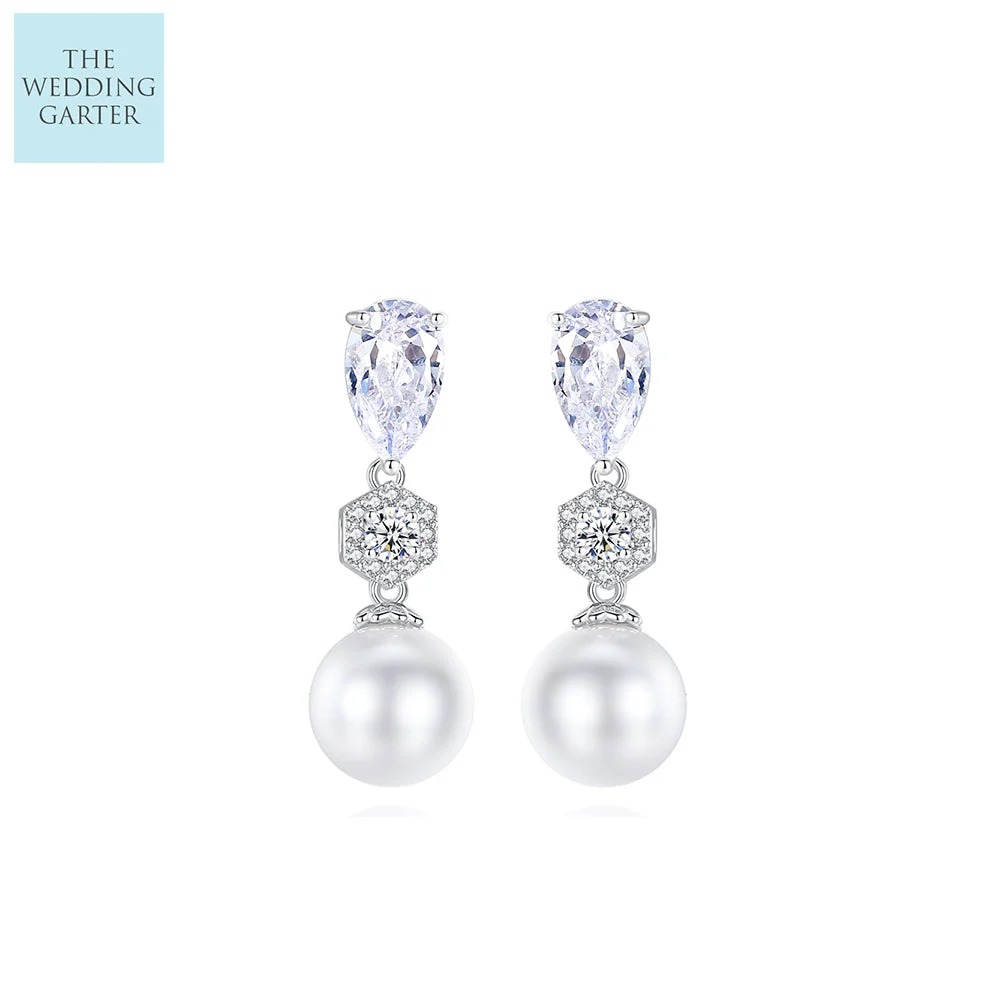 CZ Crystal & Pearl Drop Earrings for Brides