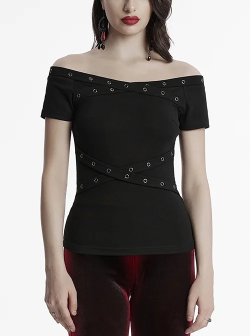 Daily Versatile Black Sexy One Shoulder Unique Cross Strap Decoration Gothic Short Sleeves T Shirt