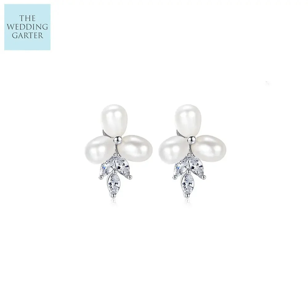 Dainty Freshwater Pearl & CZ Diamond Stud Wedding Earrings
