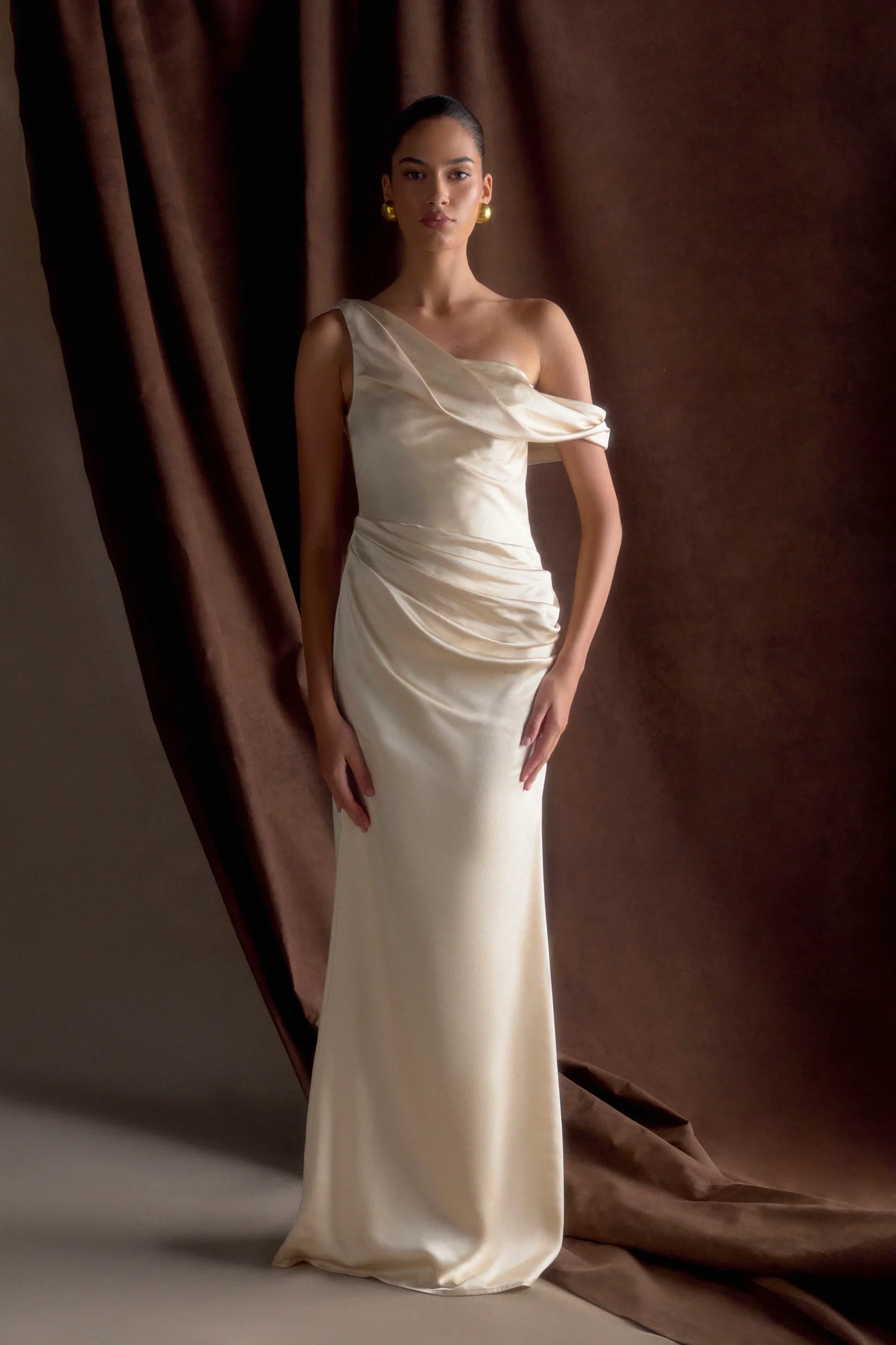DaliaOff Shoulder Satin Maxi Dress - Blush Gold