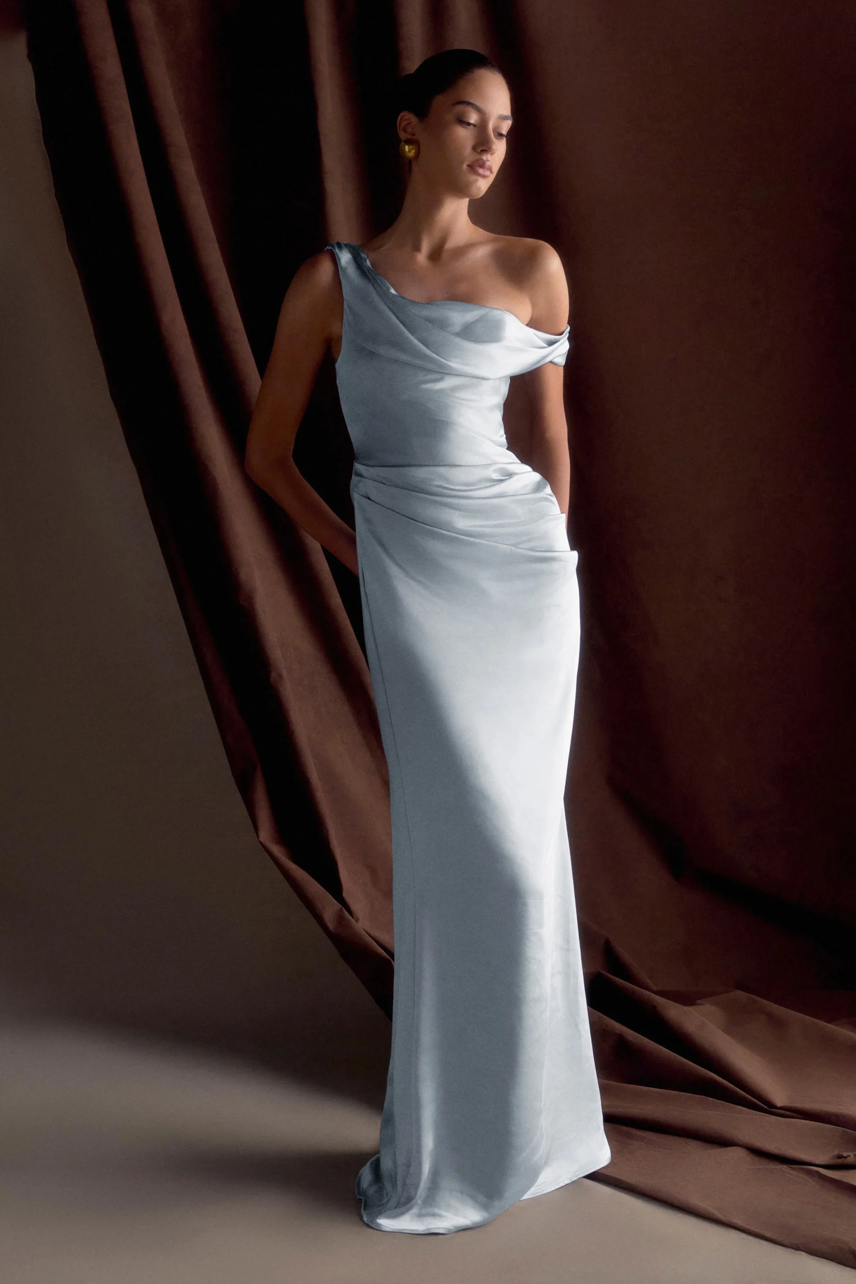 DaliaOff Shoulder Satin Maxi Dress - Frosted Blue