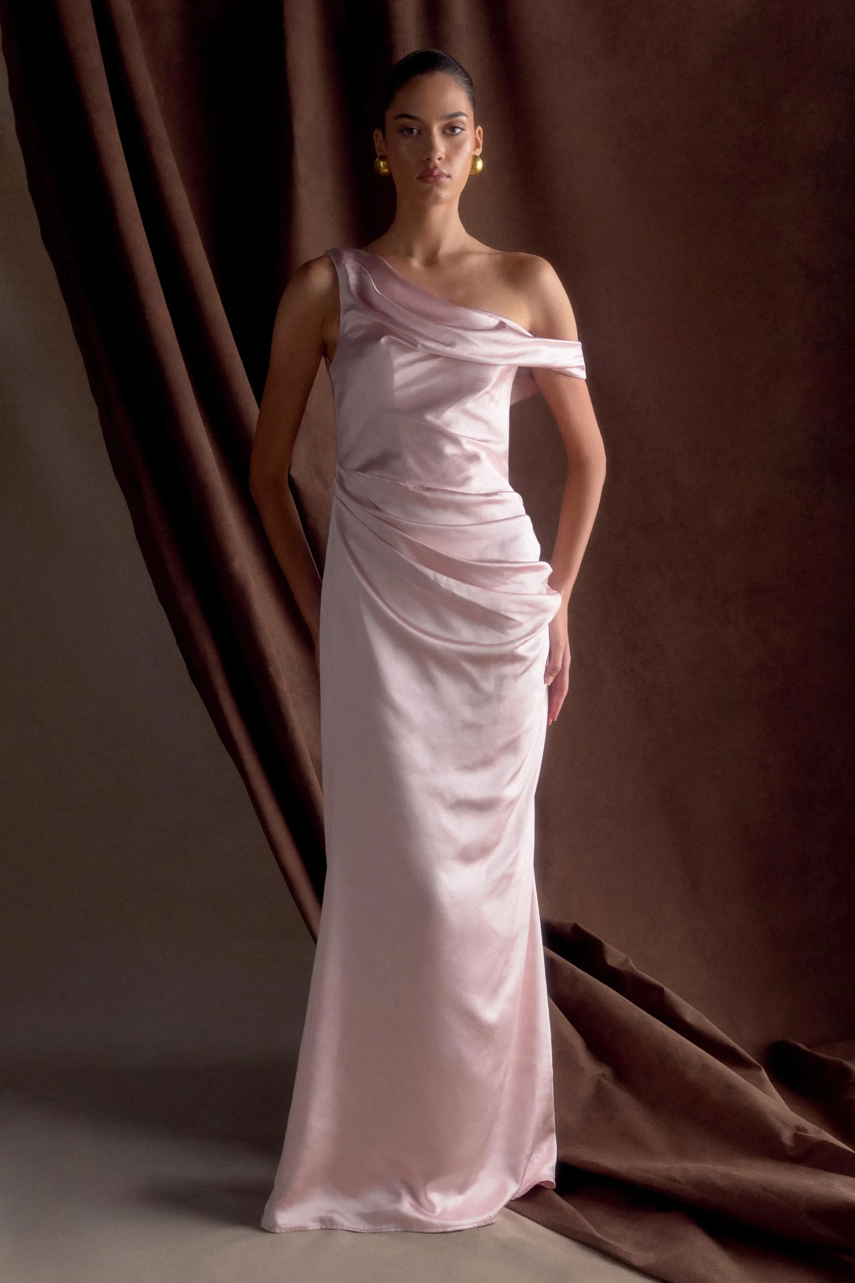 DaliaOff Shoulder Satin Maxi Dress - Soft Pink