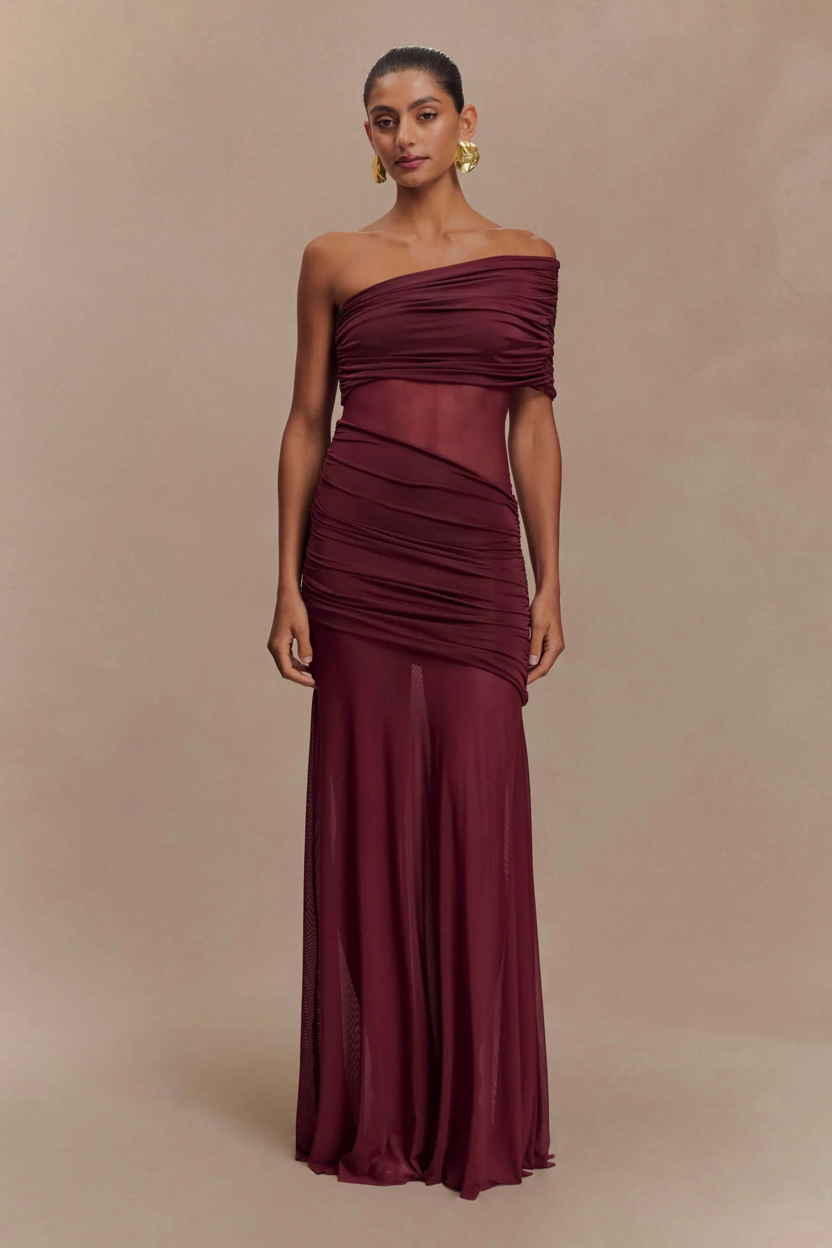 DallasFINAL SALEOne Shoulder Mesh Maxi Dress - Burgundy