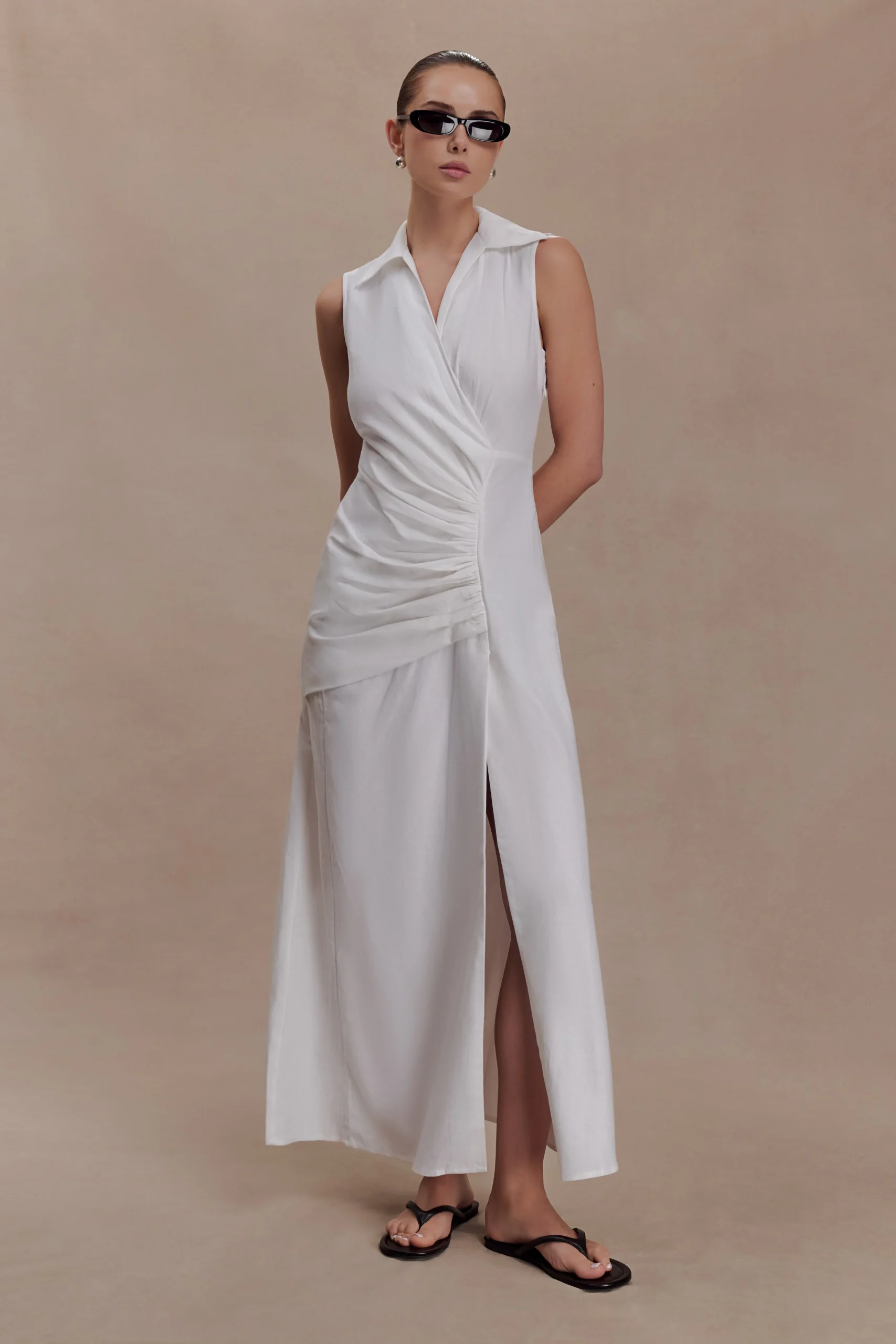DanteFINAL SALERuched Linen Midi Dress - White