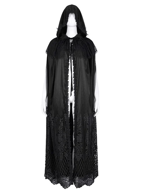 Dark Black Long Lace Mesh Lace With Hollow Mesh Hem Punk Style Cloak