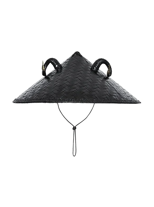 Dark Black Sheep Horns With Natural Bamboo Woven Punk Style Hat