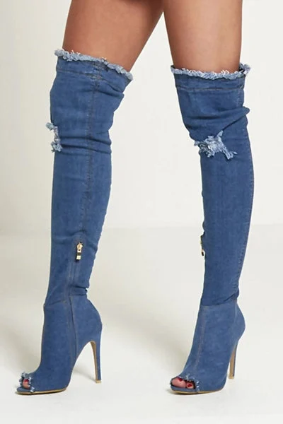 Dark Denim Ripped Thigh High Boots - Briar