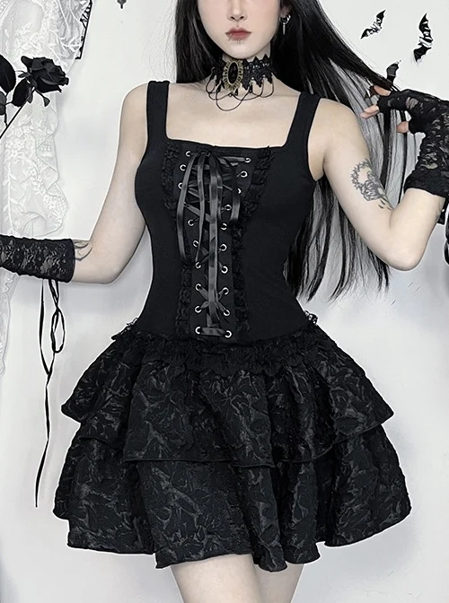 Dark Elegant Black Lace Splicing Cross Straps Gothic Style Sexy Suspender Sleeveless Dress