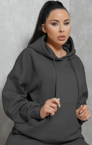 Dark Grey Oversized Drawstring Pocket Casual Hoodie - Ella