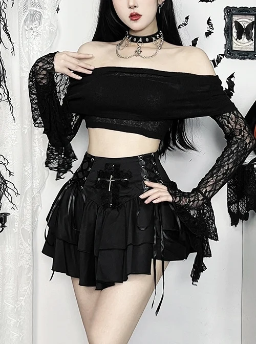 Dark Sexy Lace Splicing One Shoulder Gothic Style Versatile Long Flared Sleeve Tube Top