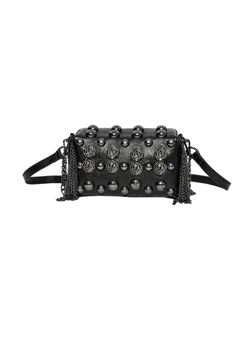 Dark Unique Black Metal Three Dimensional Rose Decoration Chain Rivet Embellish Gothic Style Crossbody Bag