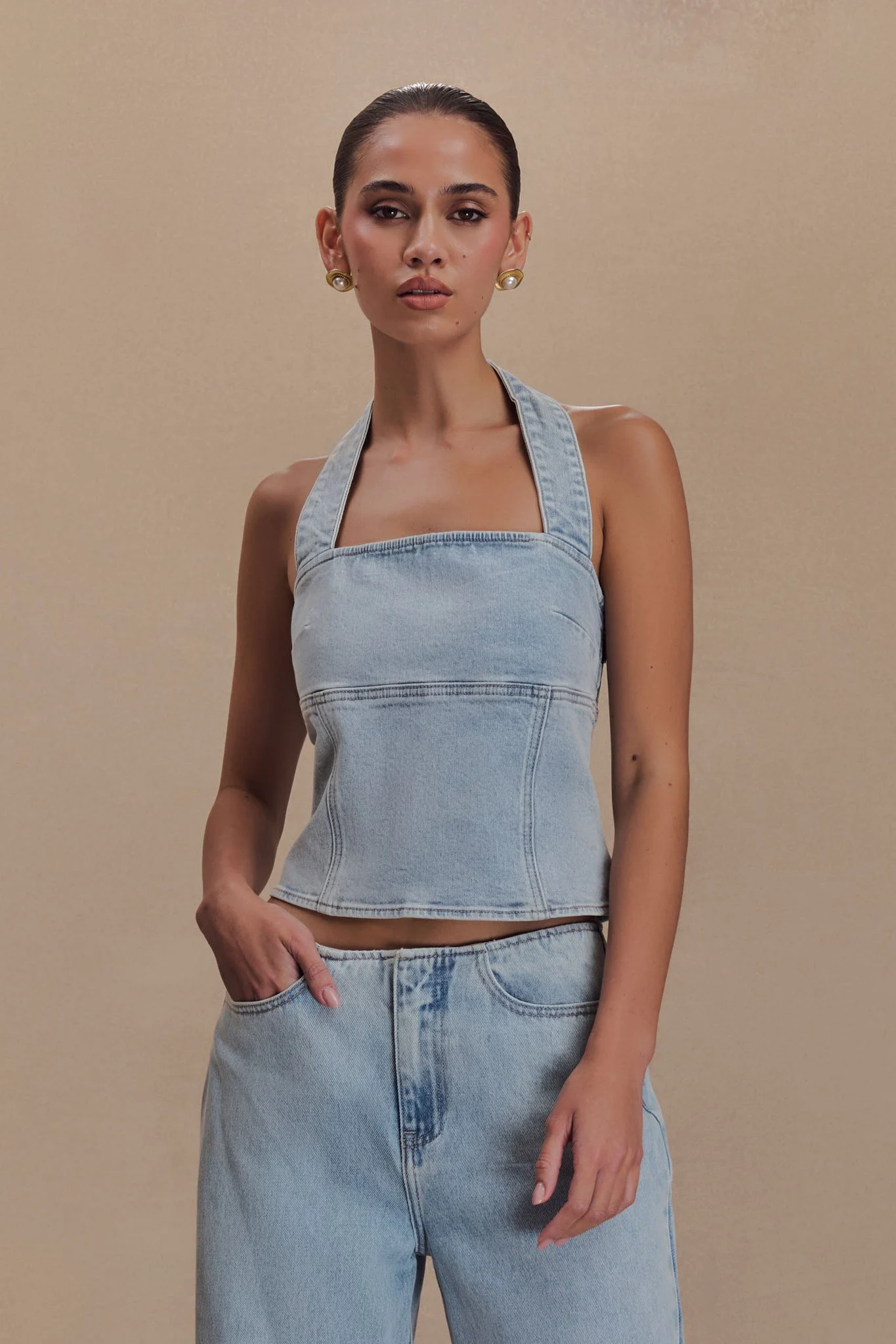 DaynaDenim Halter Top - Light Blue