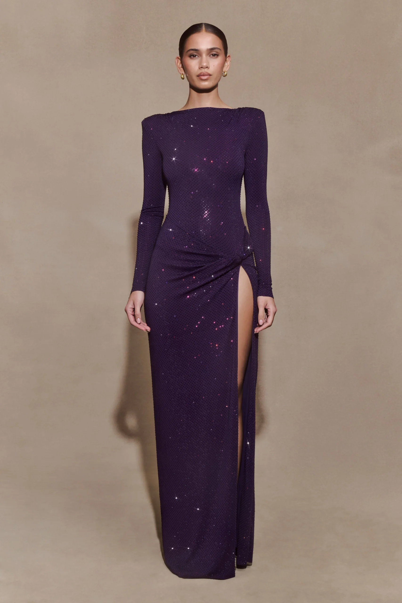 DeannaLong Sleeve Diamante Maxi Dress - Purple