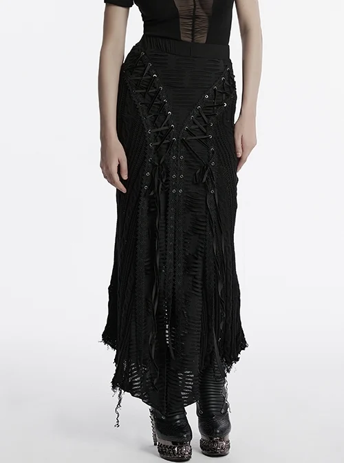 Decadent Black Tattered Fabrics Stitching Knitted Material Cross Ribbon Design Gothic Style Skirt