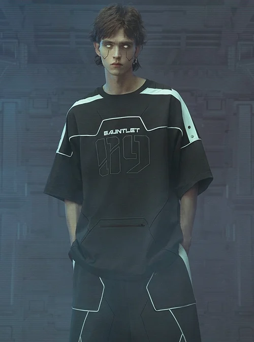 Deep Space Black Front Abdomen Zipper Pocket Street Loose Sports Style Jersey Cyberpunk Short Sleeves T-shirt