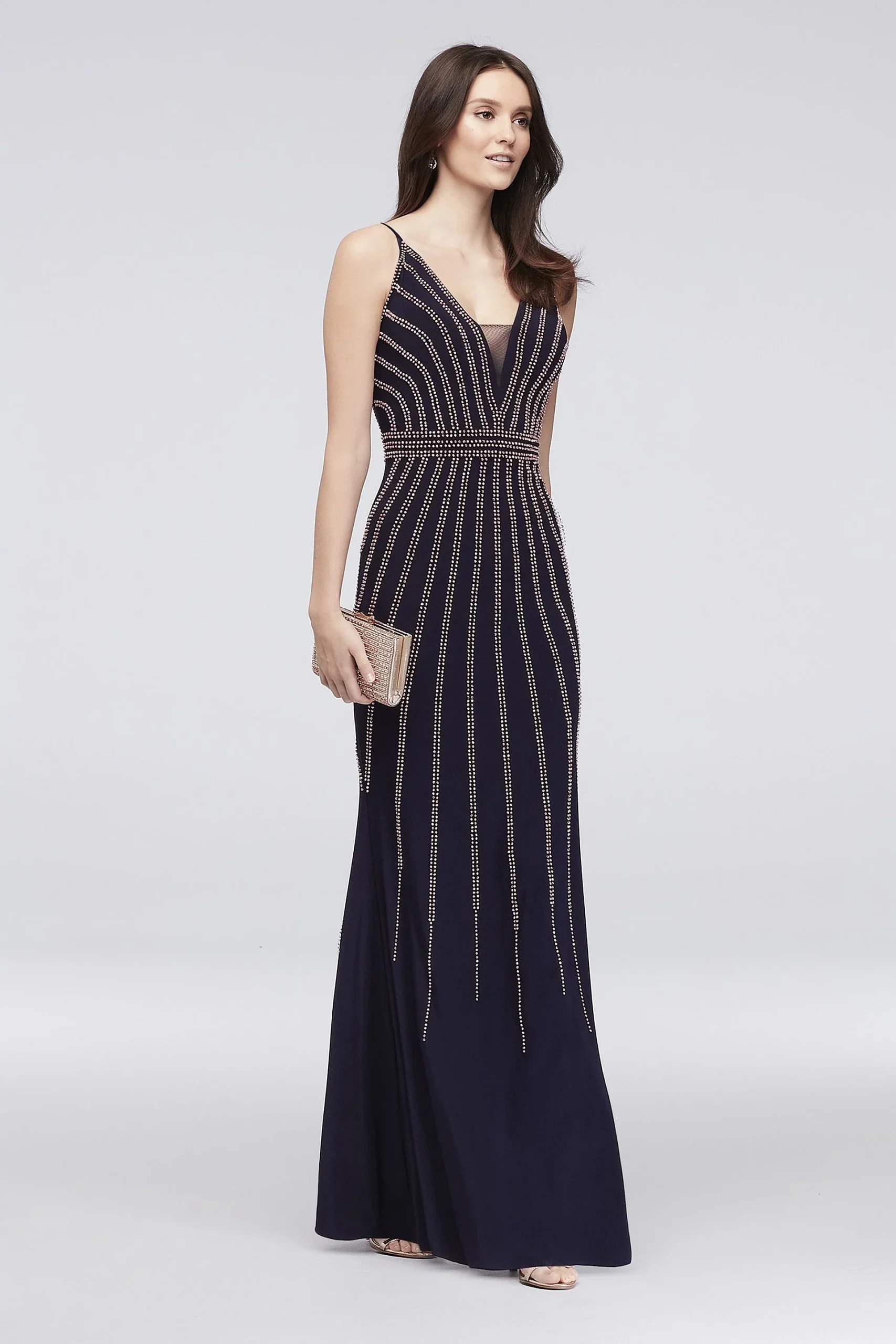 Deep V-Neck Spaghetti Strap Sheath with Beading