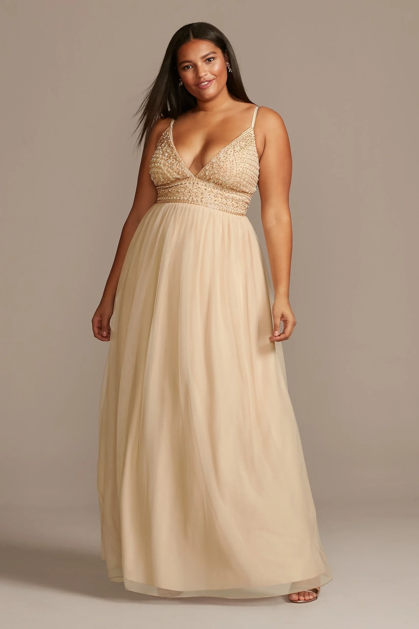 Deep-V Pearl Beaded Bodice Tulle Gown