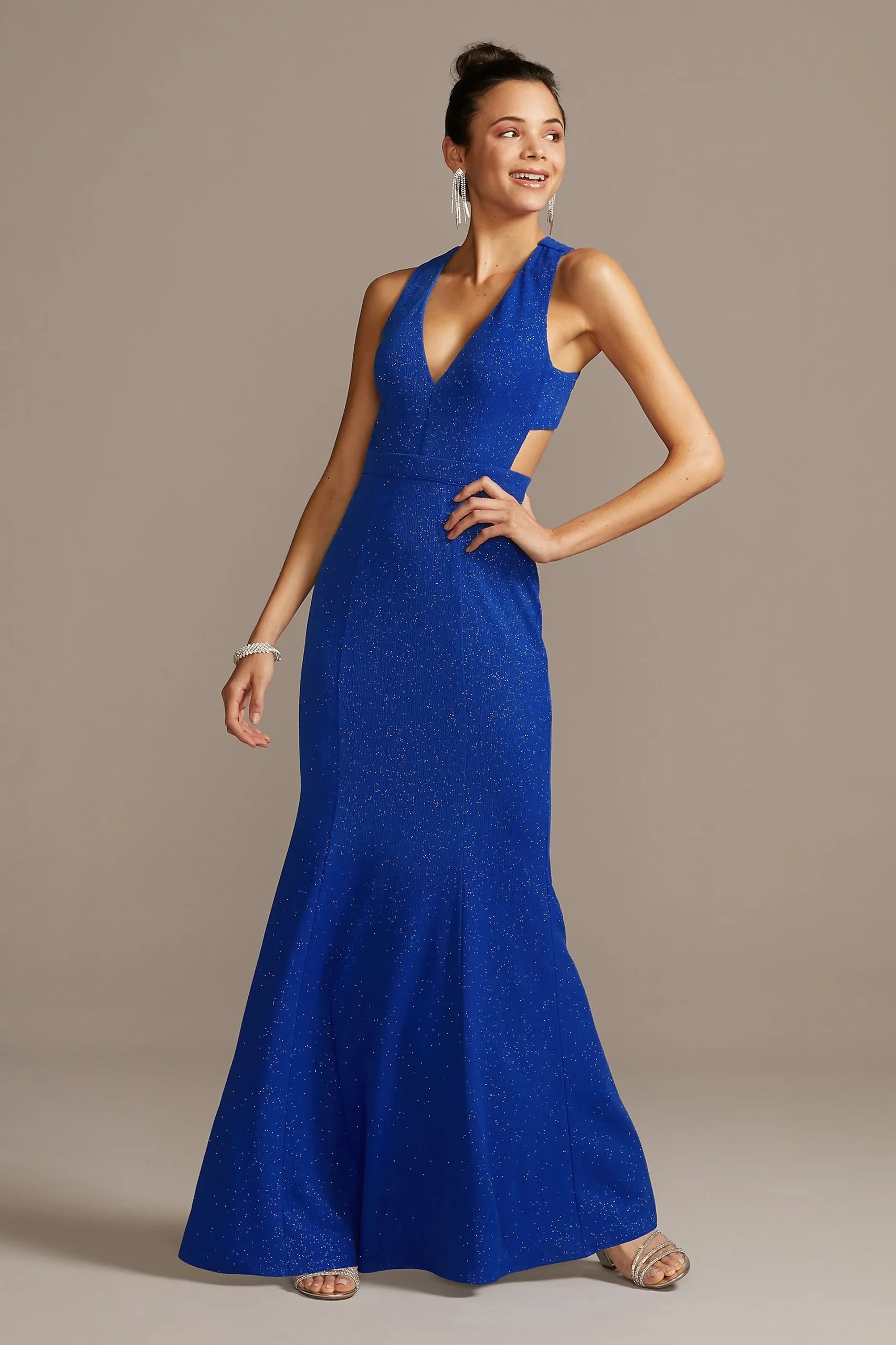 Deep-V Stretch Glitter Dress with Cross-Back