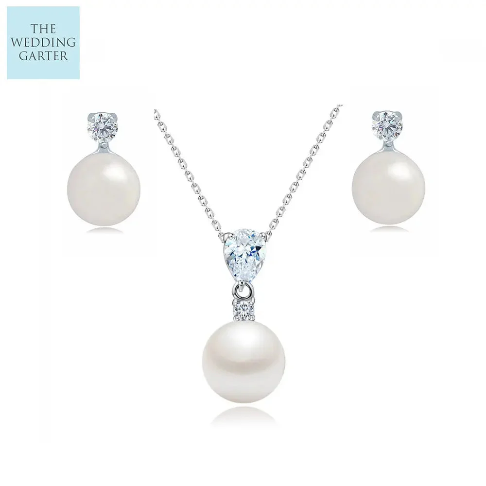 Delicate CZ Diamond & Pearl Wedding Jewellery Set