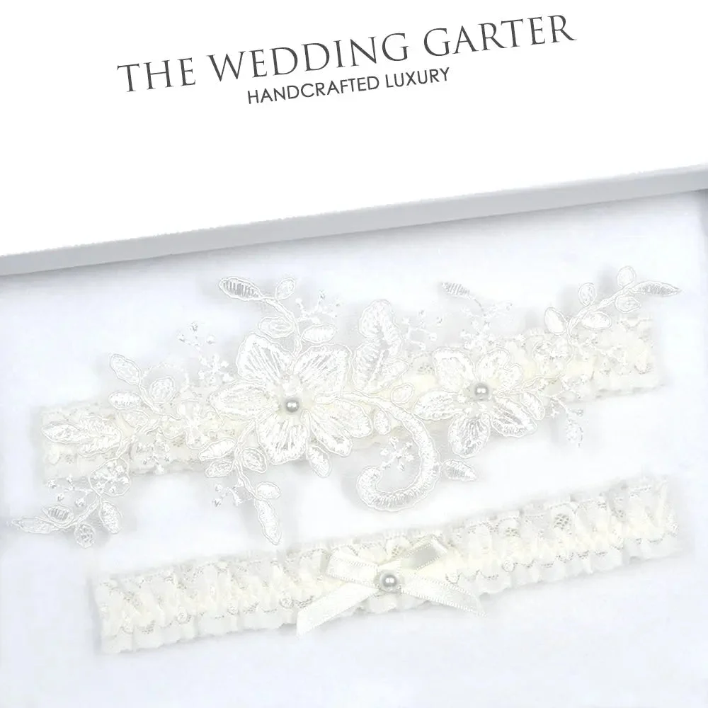 Delicate Floral Lace Applique Ivory Bridal Garter Set