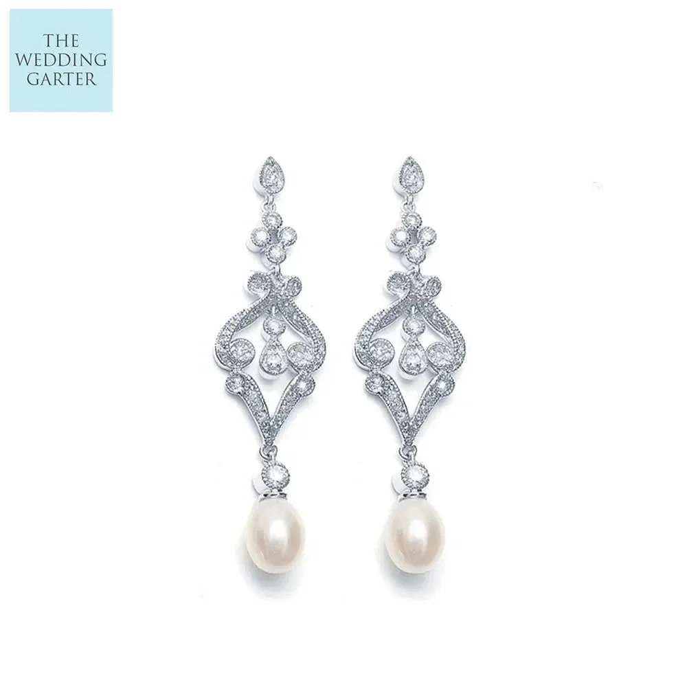 Delicate Pearl Vintage Long Drop Bridal Earrings