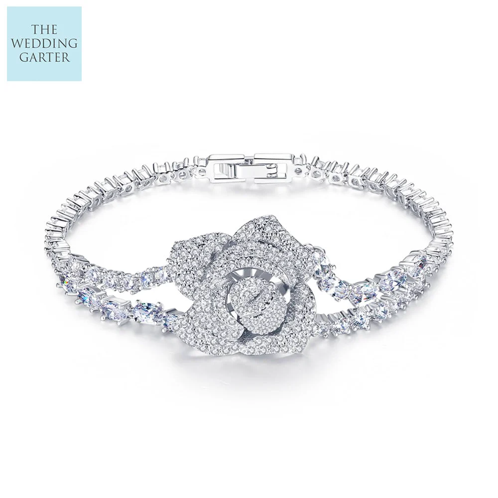 Delicate Rose Design Cubic Zirconia Tennis Bracelet