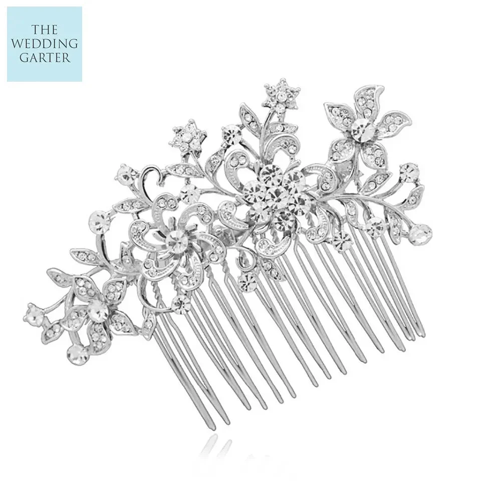 Delicate Silver Floral Rhinestone Bridal Headpiece
