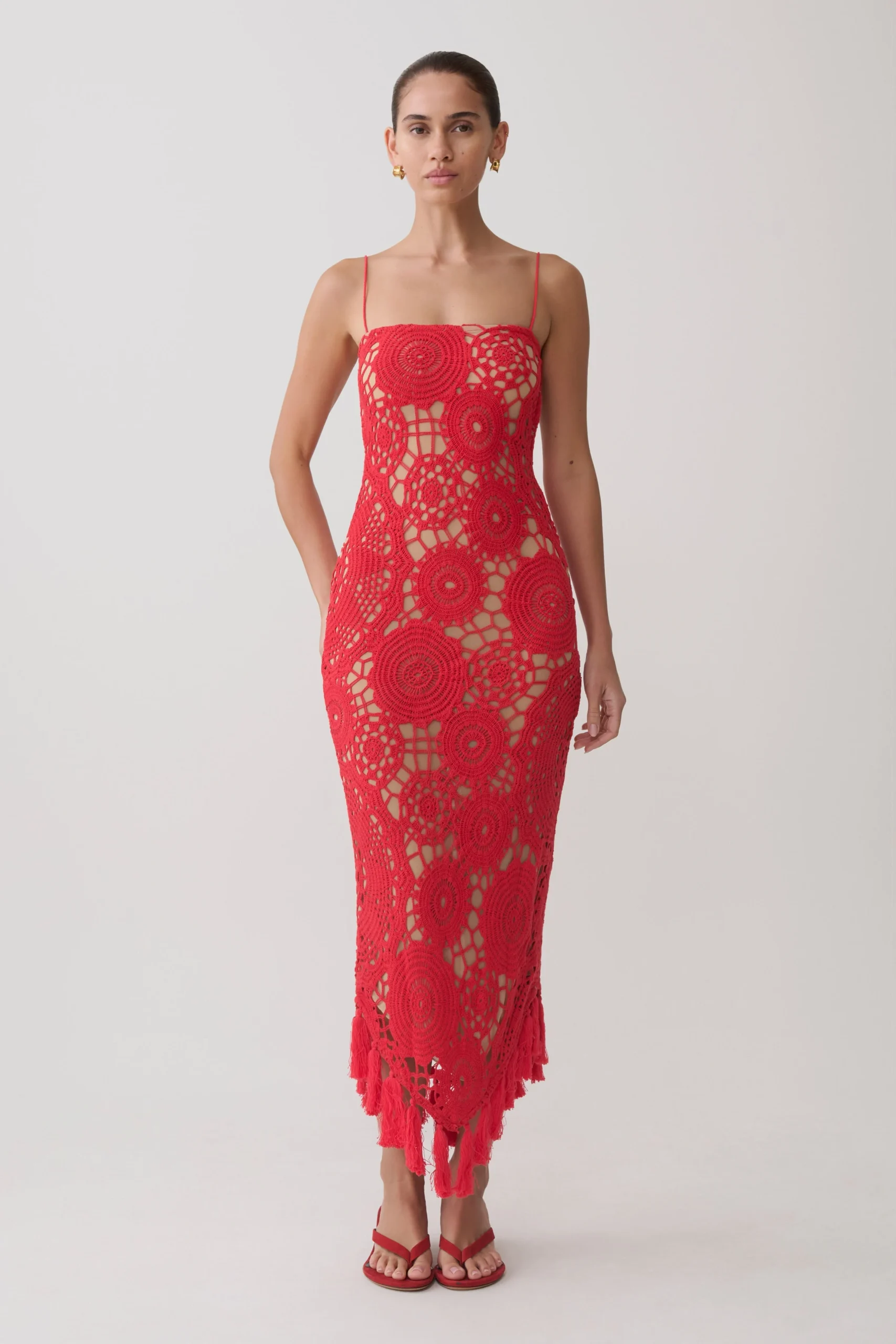 DeltaCrochet Halter Midi Dress - Red