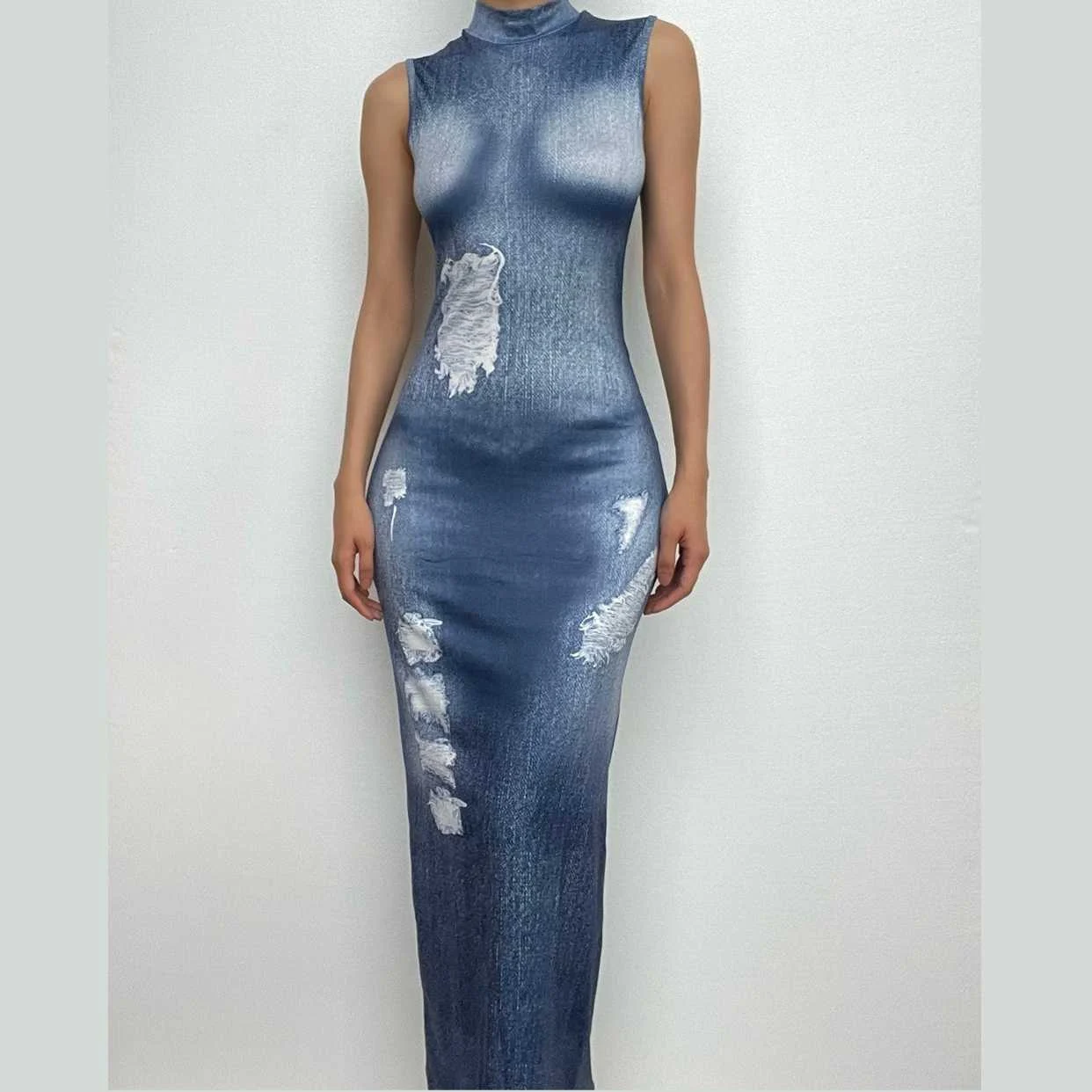 Denim print sleeveless contrast high neck maxi dress