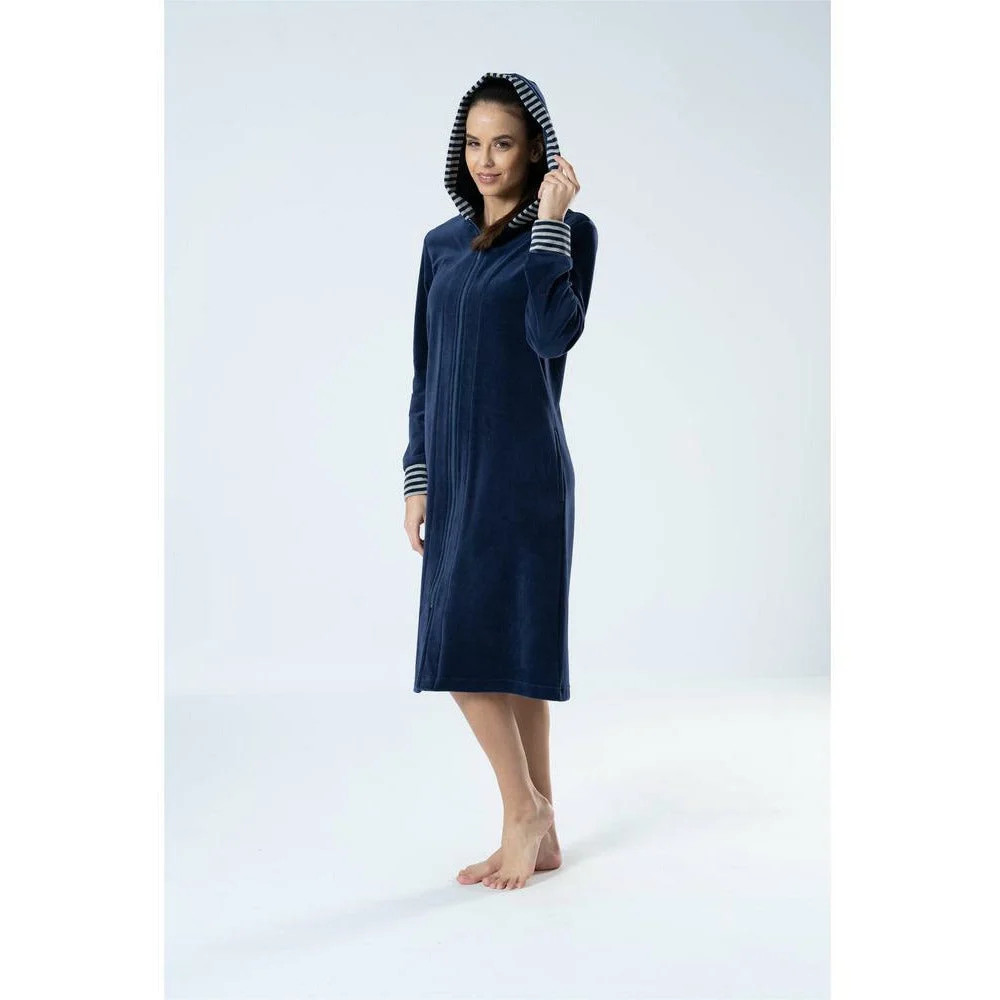 Denver Cotton Velour Hooded Knee-Length Zip-Up Robe