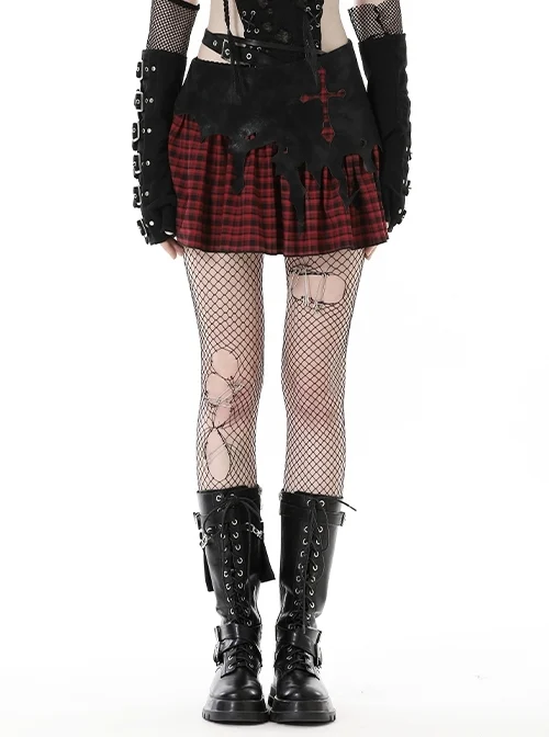 Devil's Personality Black And Red Cross Plaid Back Metal Zipper Punk Style Mini Skirt